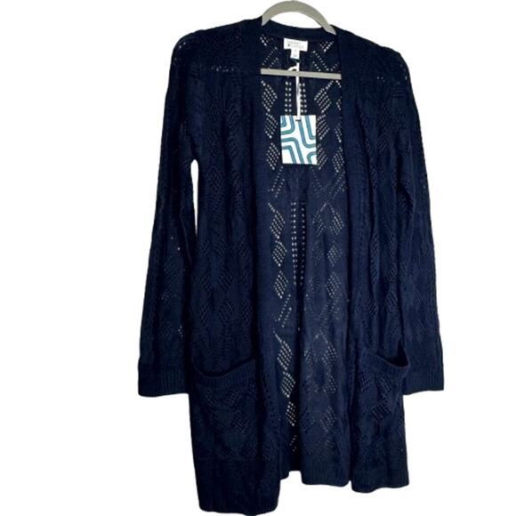 Market & Spruce Cecily Pointelle Open Duster Cardigan Blue NWT Size Small - Picture 2 of 10